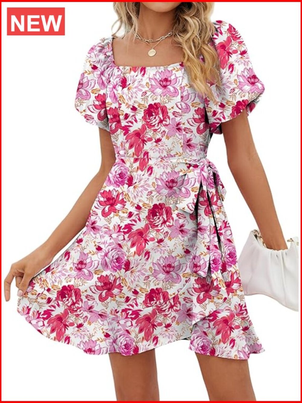 Summer Dress Square Neck Puff Sleeve Tie Waist 100% Polyester - Picture 1 of 4